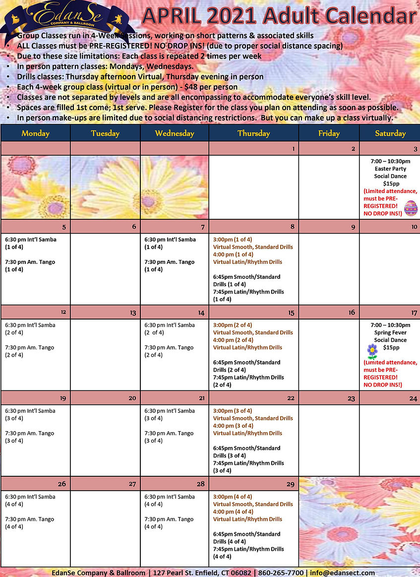 Class/Dance Schedule EdanSe Company & Ballroom Calendar CT MA USA